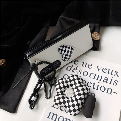 Retro Checkerboard Pattern Crystal Clear Heart PU Leather Phone Case For Samsung Galaxy Z Fold 3