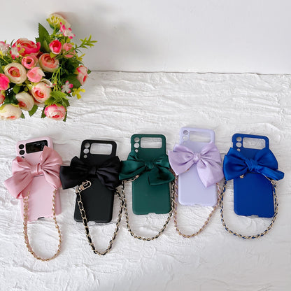Korean 3D Leather Bow Lanyard Necklace Strap Hard Phone Case For Samsung Galaxy Z Flip3 5G
