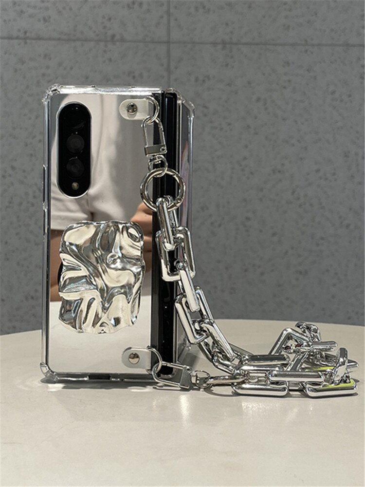 Luxury Mirror Shockproof Case With Silver Wrinkle Holder And Bracelet Chain For Samsung Galaxy Z Fold 3 5G