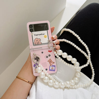 Cartoon Pearl Hand Chain Phone Case For Samsung Galaxy Z Flip 3 5G