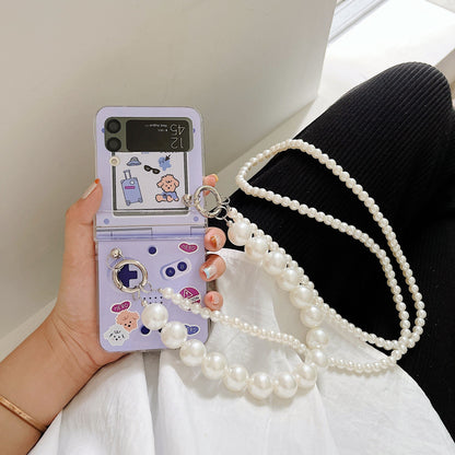 Cartoon Pearl Hand Chain Phone Case For Samsung Galaxy Z Flip 3 5G