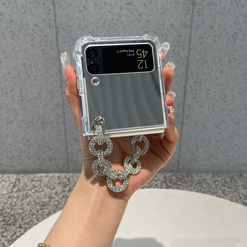 Silver Makeup Mirror Shockproof Phone Case For Samsung Galaxy Z Flip 3 5G Rhinestone Bracelet