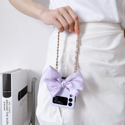 Korean 3D Leather Bow Lanyard Necklace Strap Hard Phone Case For Samsung Galaxy Z Flip3 5G