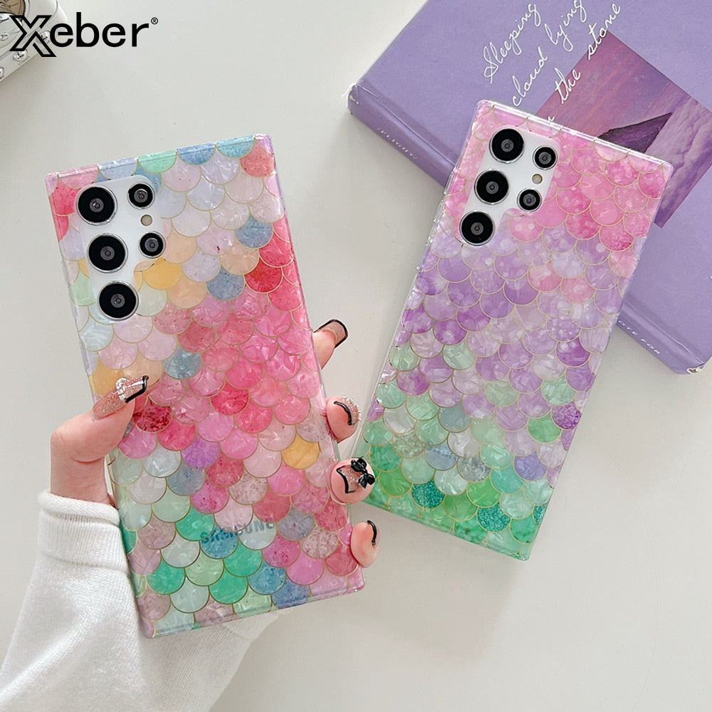 Square Colorful Fish Scales Pattern Electroplated Phone Case For Samsung S22 Series