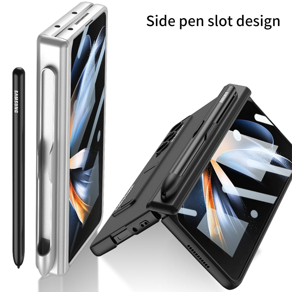 Pen Slot Case for Samsung Galaxy Z Fold 4 with Kickstand and Screen Protective Glass.