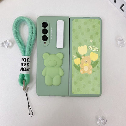 Cute Bear Metal Folding Holder Strap Phone case For Samsung Galaxy Z Fold 3
