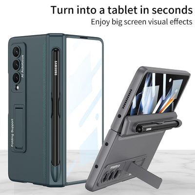 Pen Slot Case for Samsung Galaxy Z Fold 4 with Kickstand and Screen Protective Glass.