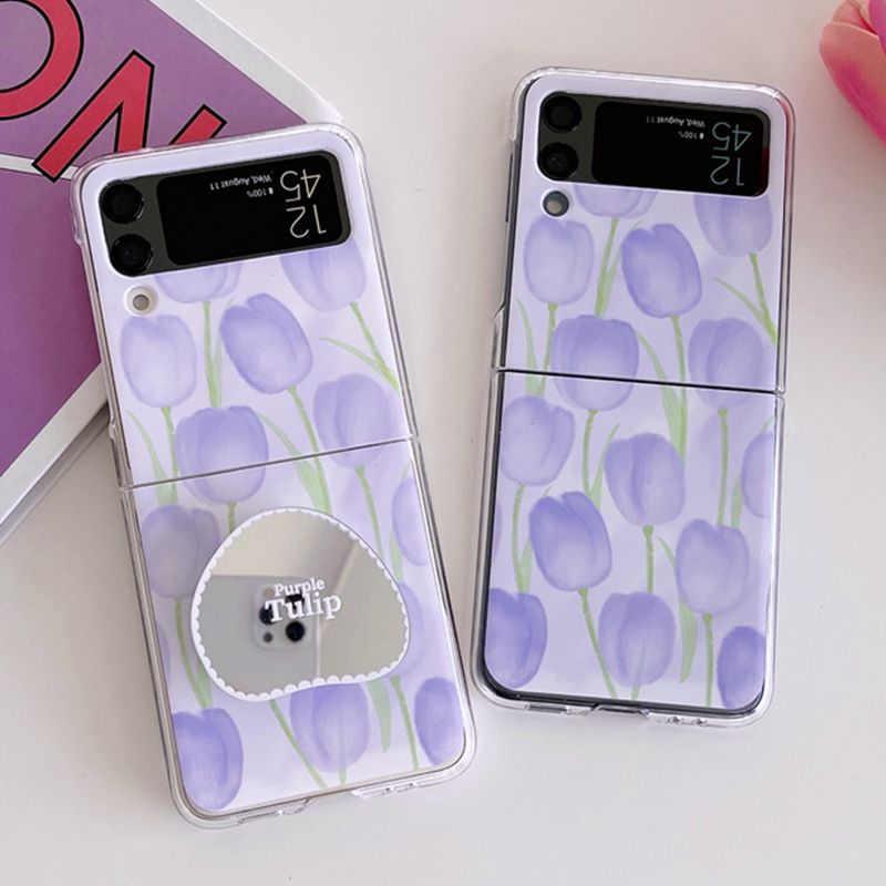 Cute Flowers Case With Mirror Holder Shell For Samsung Z Flip3