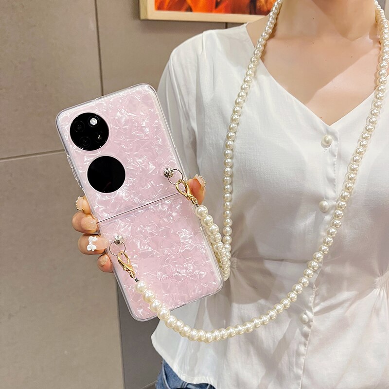 Fashion Pearl Long Chain Case With Lanyard Necklace Strap Conch Cameo Shell Pattern Case For Huawei P50 Pocket