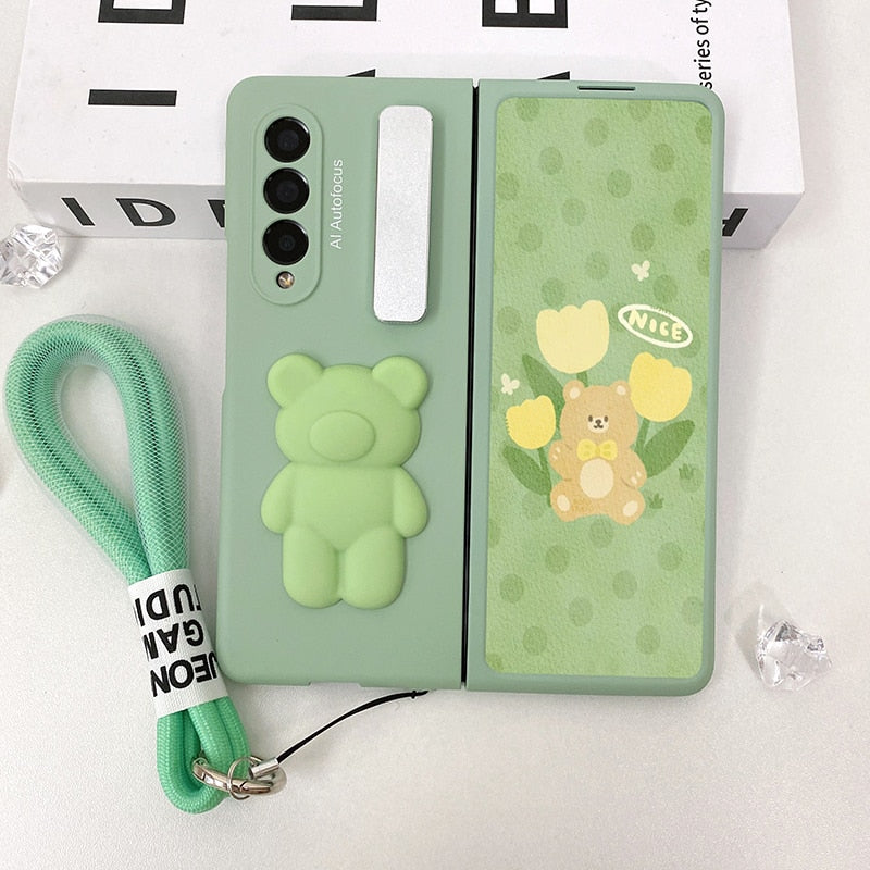 Cute Bear Metal Folding Holder Strap Phone case For Samsung Galaxy Z Fold 3