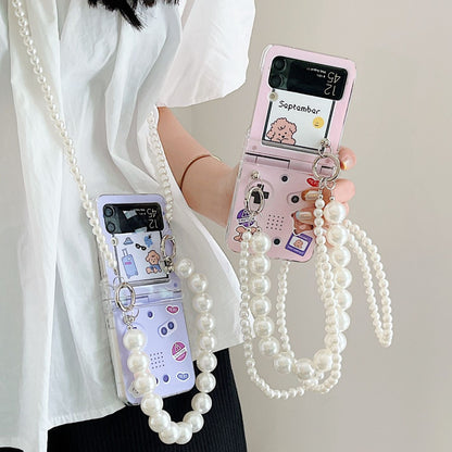 Cartoon Pearl Hand Chain Phone Case For Samsung Galaxy Z Flip 3 5G