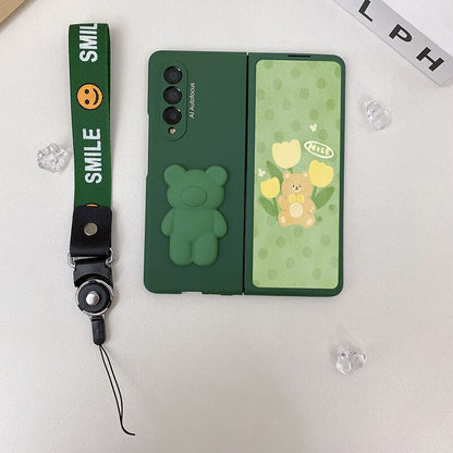 Cute Bear Metal Folding Holder Strap Phone case For Samsung Galaxy Z Fold 3