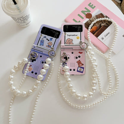 Cartoon Pearl Hand Chain Phone Case For Samsung Galaxy Z Flip 3 5G