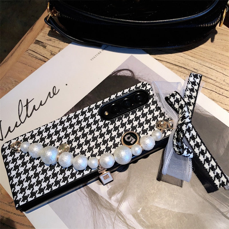 Chic and Elegant PU Leather Houndstooth Phone Case For Samsung Galaxy Z Fold 3