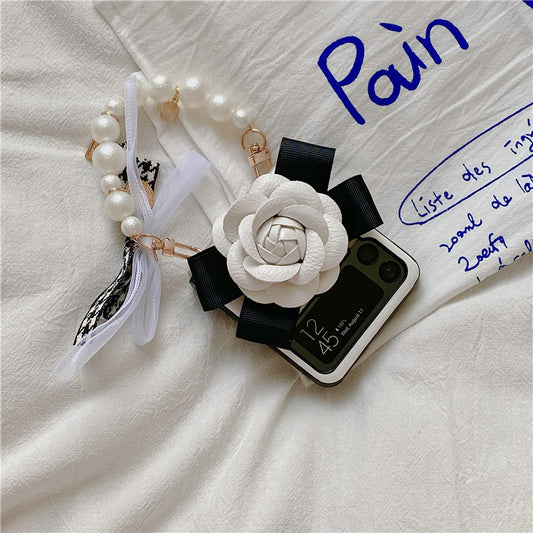 Luxury Leather Camellia Elegant Pearl Bracelet Phone Case For Samsung Galaxy Z Flip 3