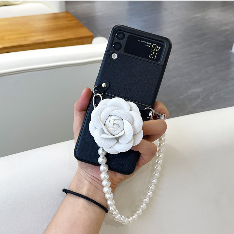 Luxury Leather Camellia Bracket Phone Case For Samsung Galaxy Z Flip 3