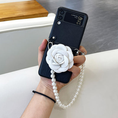 Luxury Leather Camellia Bracket Phone Case For Samsung Galaxy Z Flip 3