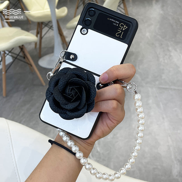 Luxury Leather Camellia Bracket Phone Case For Samsung Galaxy Z Flip 3