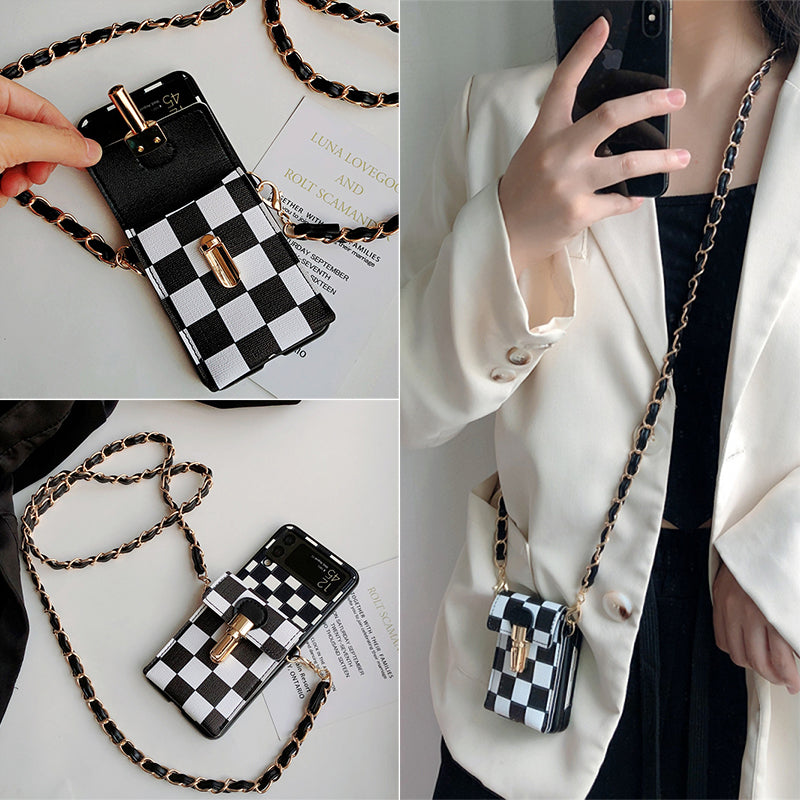 Girl Crossbody Long Belt Chain Checkerboard Purse Phone Case For Samsung Galaxy Z Flip 3 5
