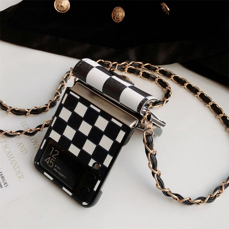 Girl Crossbody Long Belt Chain Checkerboard Purse Phone Case For Samsung Galaxy Z Flip 3 5