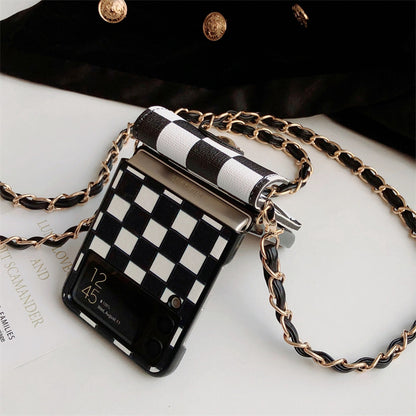 Girl Crossbody Long Belt Chain Checkerboard Purse Phone Case For Samsung Galaxy Z Flip 3 5