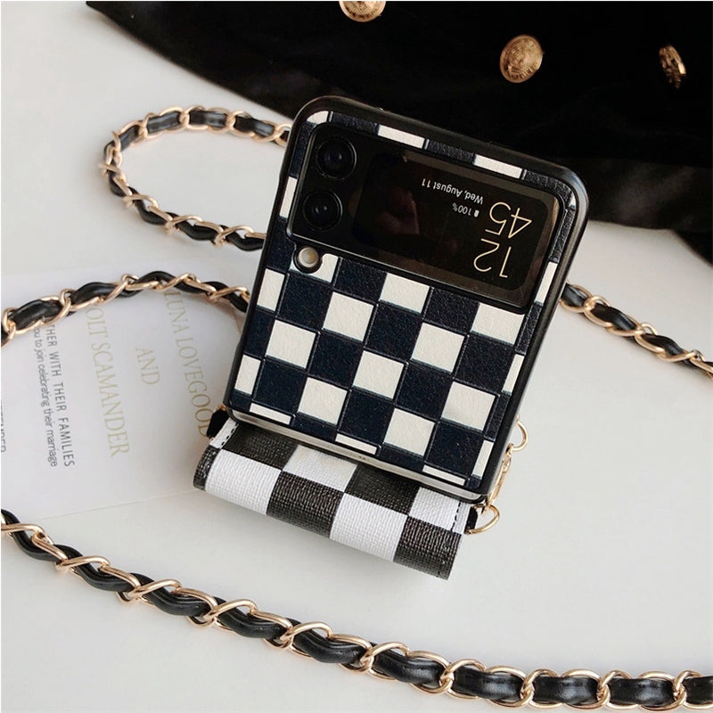 Girl Crossbody Long Belt Chain Checkerboard Purse Phone Case For Samsung Galaxy Z Flip 3 5