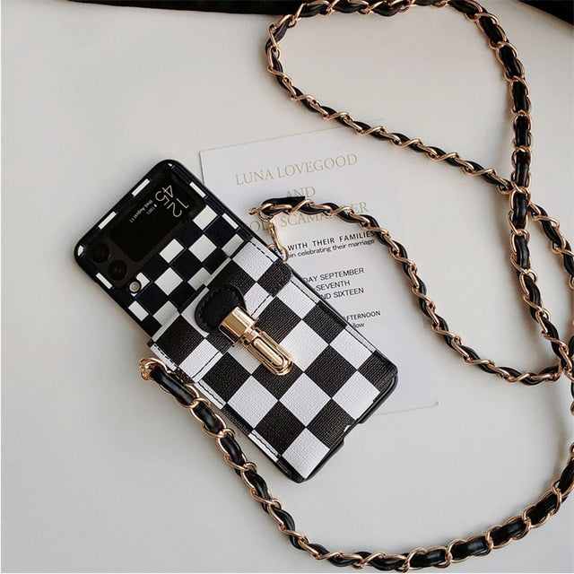 Girl Crossbody Long Belt Chain Checkerboard Purse Phone Case For Samsung Galaxy Z Flip 3 5